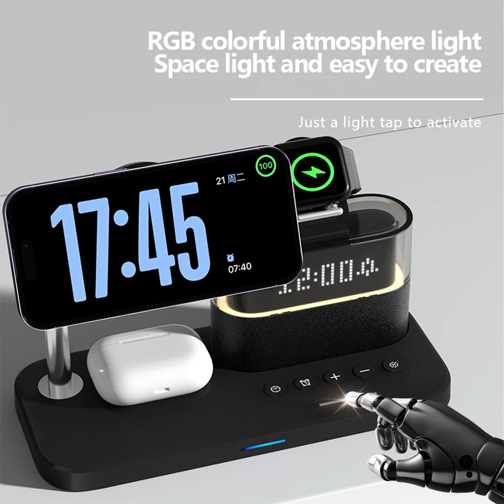 5-in-1 Multifunctional 15W Wireless Charging Station with Bedside Clock - C09 - Image 5