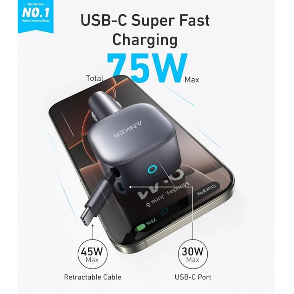 Anker Nano 75W USB-C Car Charger with Built-In Retractable Cable – High-Speed Charging for On-the-Go Power - Image 2