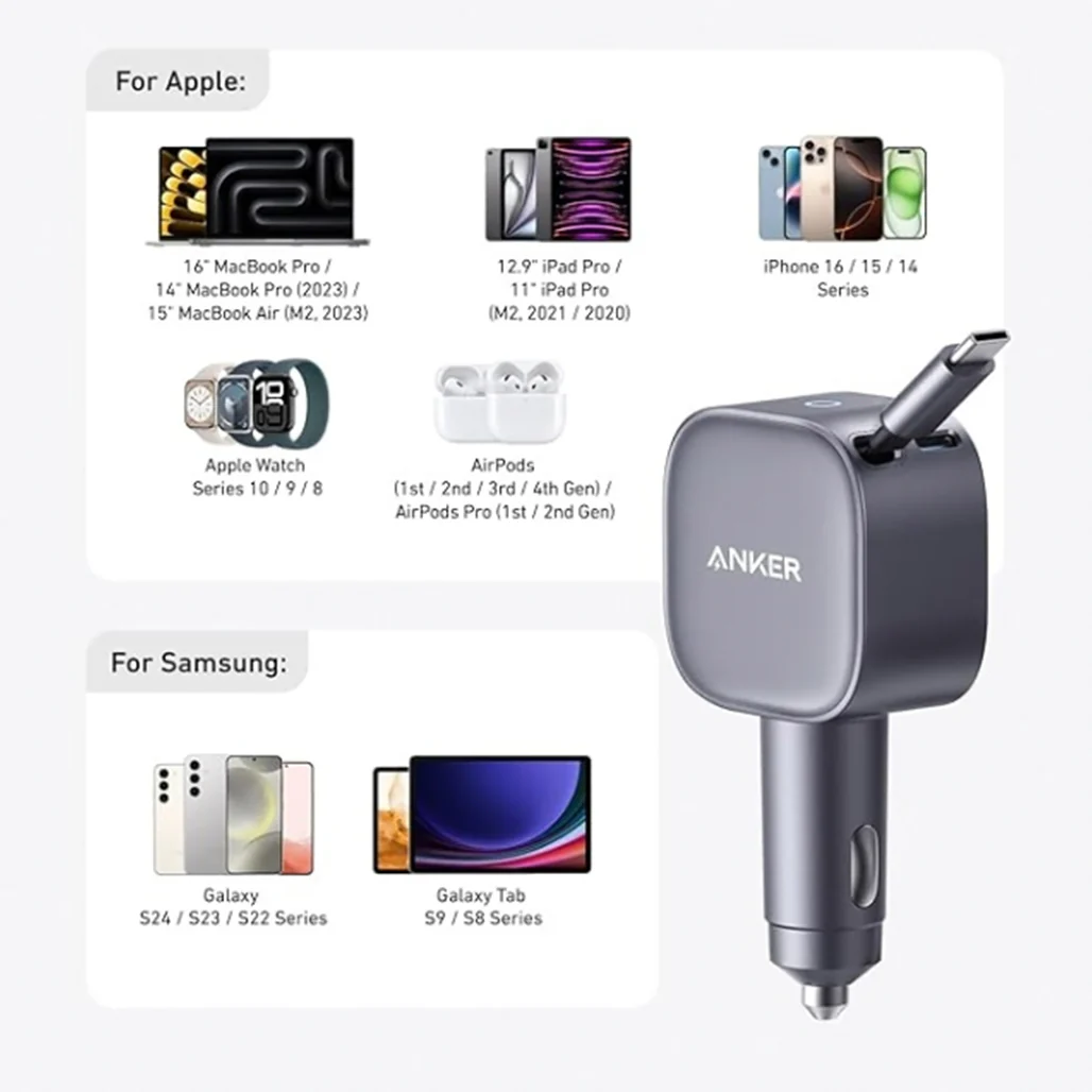 Anker Nano 75W USB-C Car Charger with Built-In Retractable Cable – High-Speed Charging for On-the-Go Power - Image 6