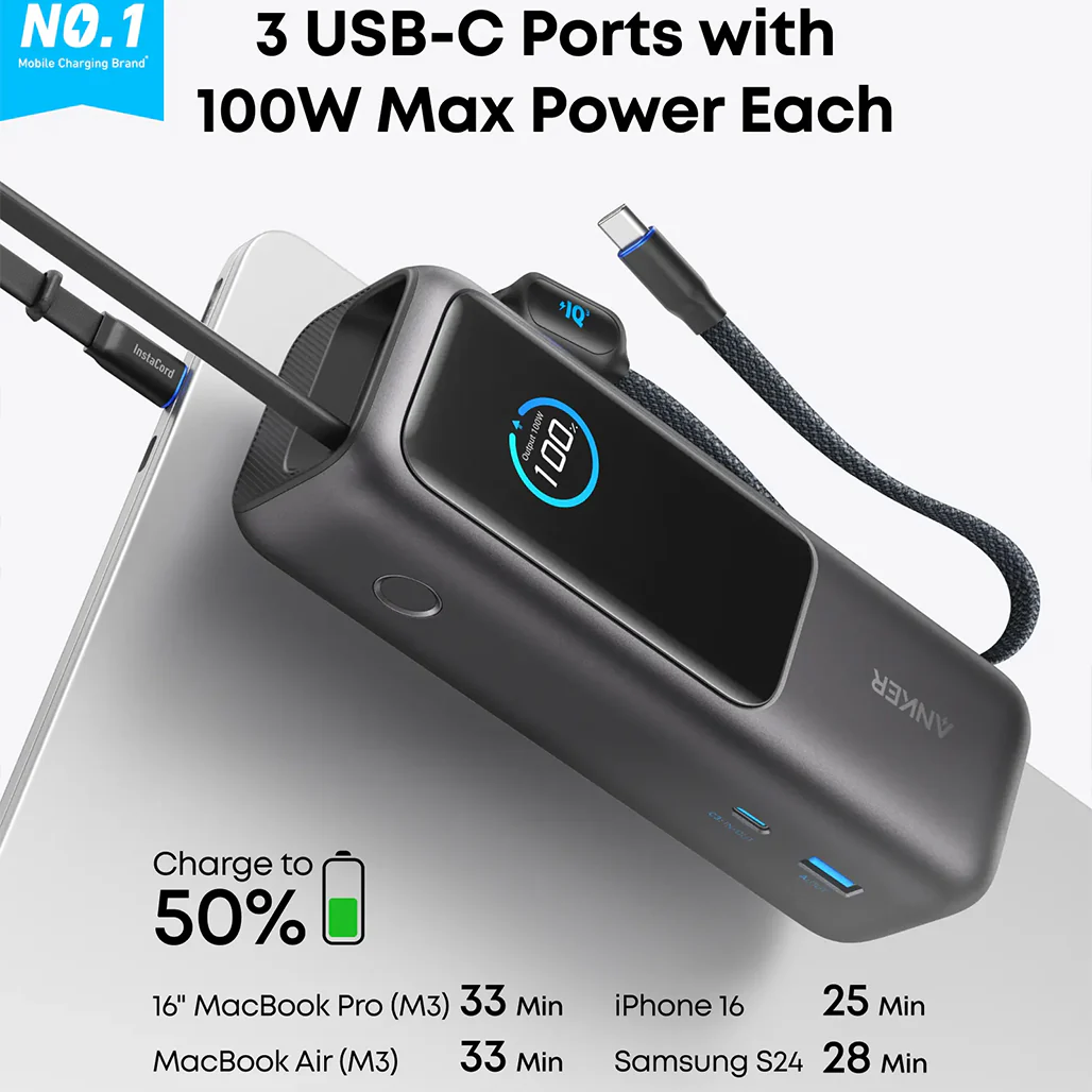 Anker Power Bank 25000mAh 165W Ultra-Fast Portable Charger with Retractable USB C Cables (Model A1695) - Dual Laptop Charging, 4 Device Support - Image 3