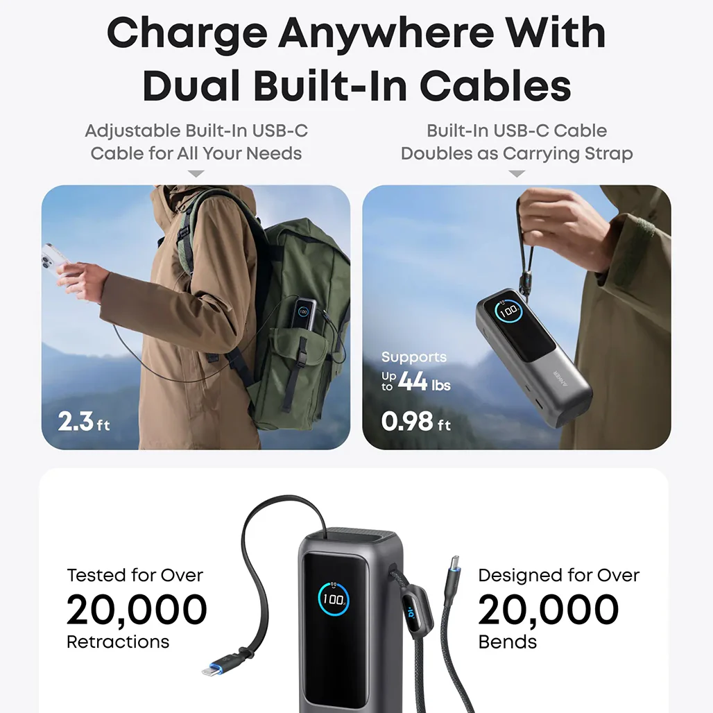 Anker Power Bank 25000mAh 165W Ultra-Fast Portable Charger with Retractable USB C Cables (Model A1695) - Dual Laptop Charging, 4 Device Support - Image 5