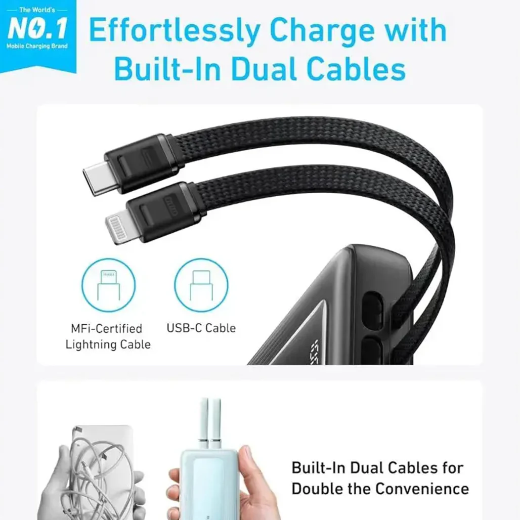 Anker Zolo 10000mAh Power Bank 30W Fast Charging with Built-in USB-C & Lightning Cables - Image 4
