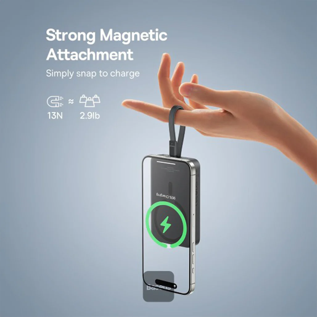 Baseus 10000mAh Magnetic Mini Wireless Power Bank 30W PD with Built-In USB-C Cable - Image 5