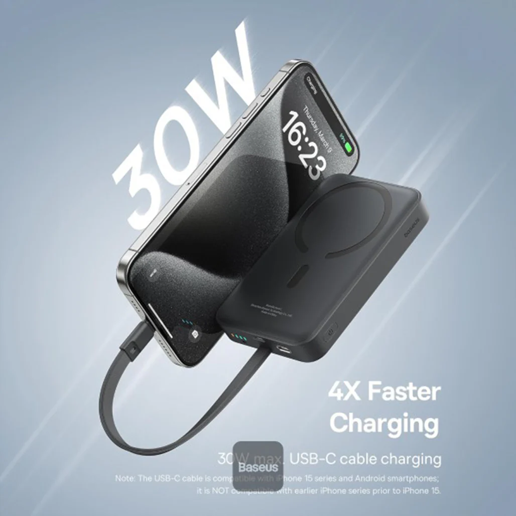 Baseus 10000mAh Magnetic Mini Wireless Power Bank 30W PD with Built-In USB-C Cable - Image 7