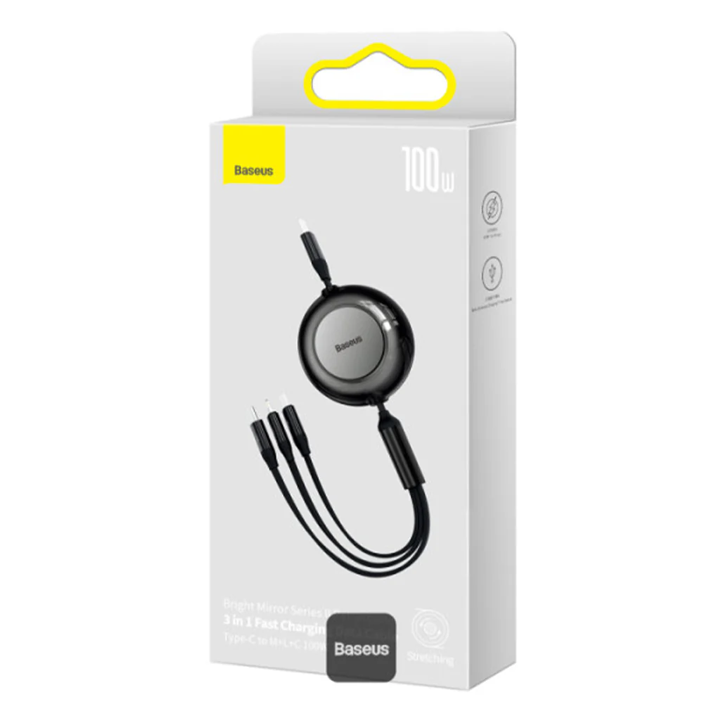 Baseus Bright Mirror 2 Series Retractable 3-in-1 Cable | 100W Fast Charging Data Cable | Type-C to Type-C + Lightning + Micro USB | 1.1M - Black - Image 2