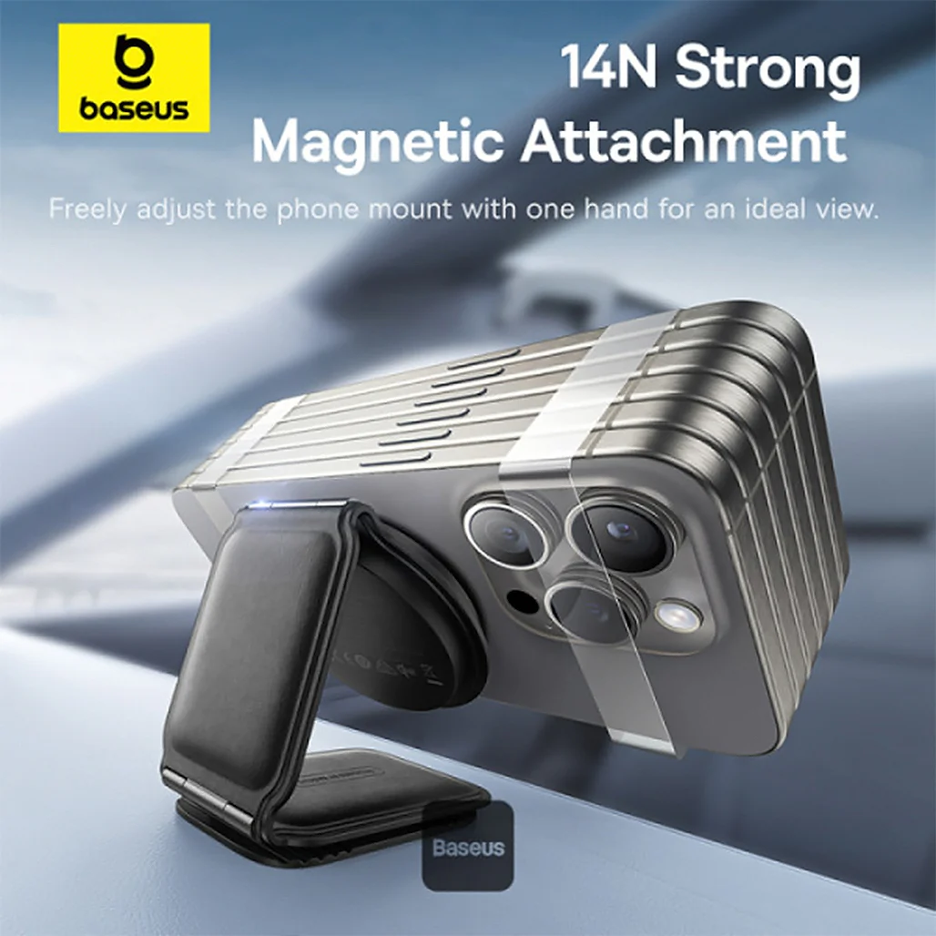 Baseus C02 PrimeTrip Magnetic Wireless Charging Car Phone Holder - 15W Qi2 MagSafe, Foldable Dashboard Mount, 360° Adjustable, Gray - Image 7