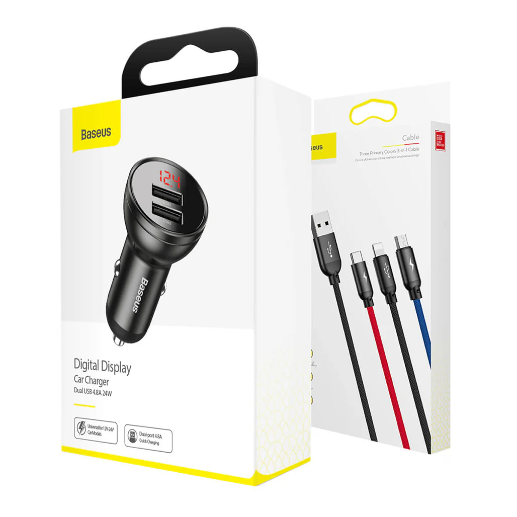 Baseus Car Charger Dual USB 4.8A 24W with 3-in-1 Cable 1m - TZCCBX-0G - Image 4