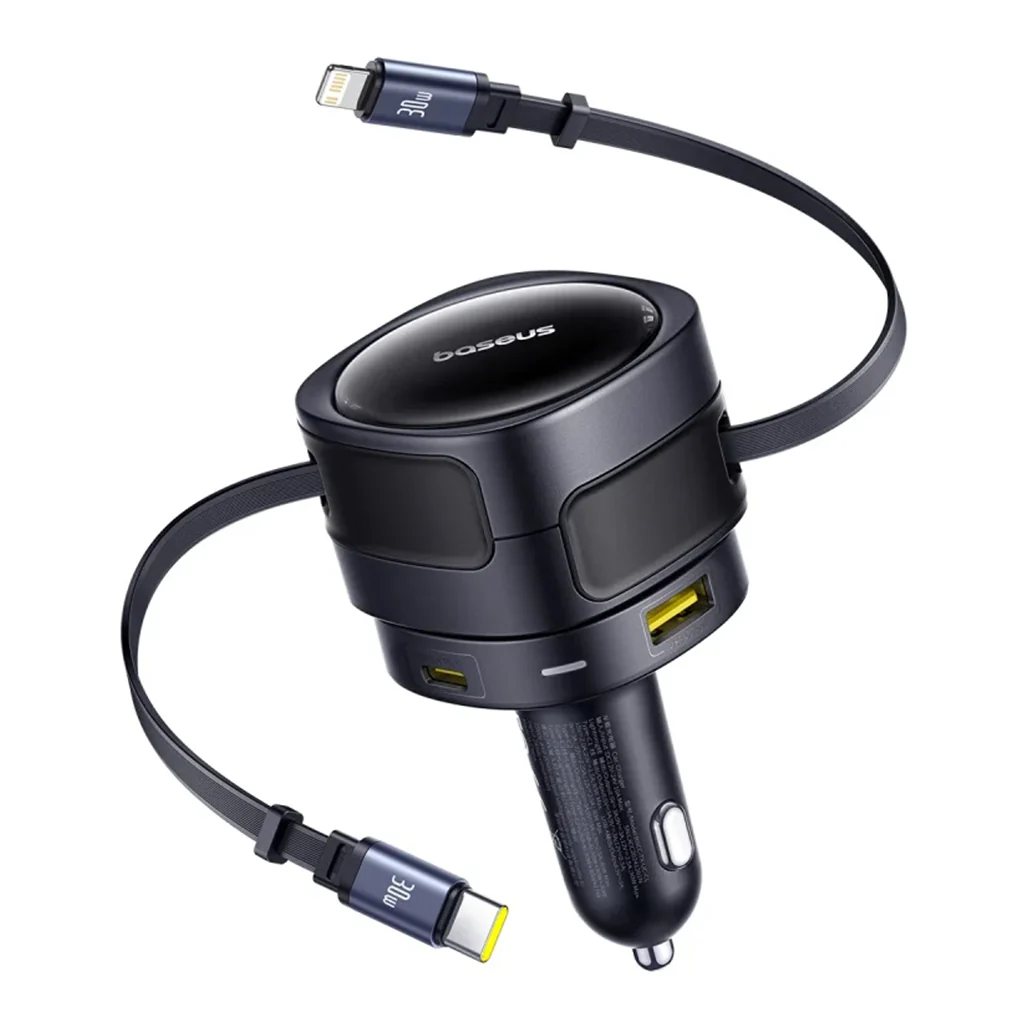 Baseus Enjoyment Max 90W Car Charger with Built-in USB-C & Lightning Cables - Image 2