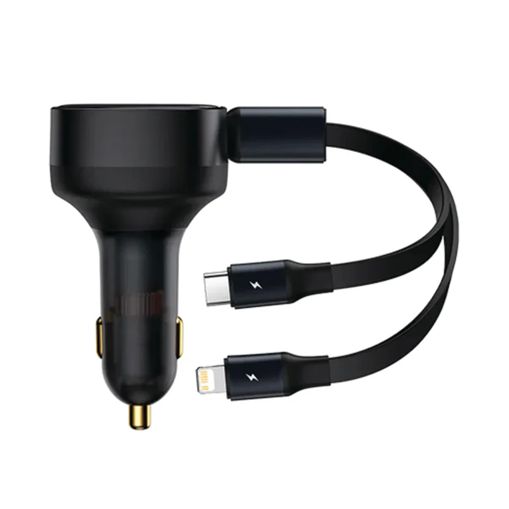 Baseus Enjoyment Pro 60W Car Charger with Retractable Type-C & Lightning Cables - Fast Charging for 3 Devices - Image 2
