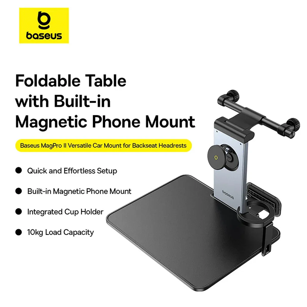 Baseus MagPro II Versatile Car Mount - Foldable Laptop Desk with 360° Rotatable Phone Holder, Adjustable Height, Easy Installation for Backseat Headrest, Black - Image 14