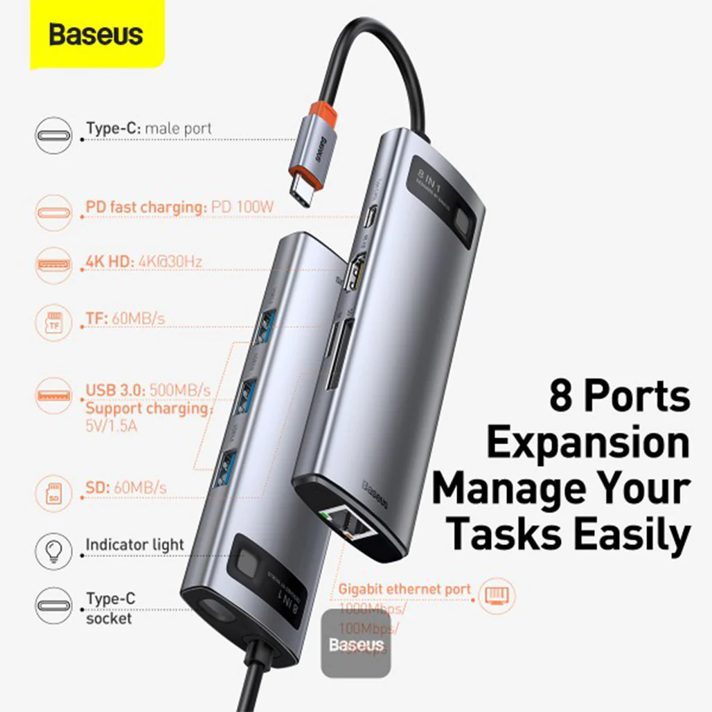 Baseus Metal Gleam Series - 8in1 Multifunctional Type-C HUB Docking Station - Image 6