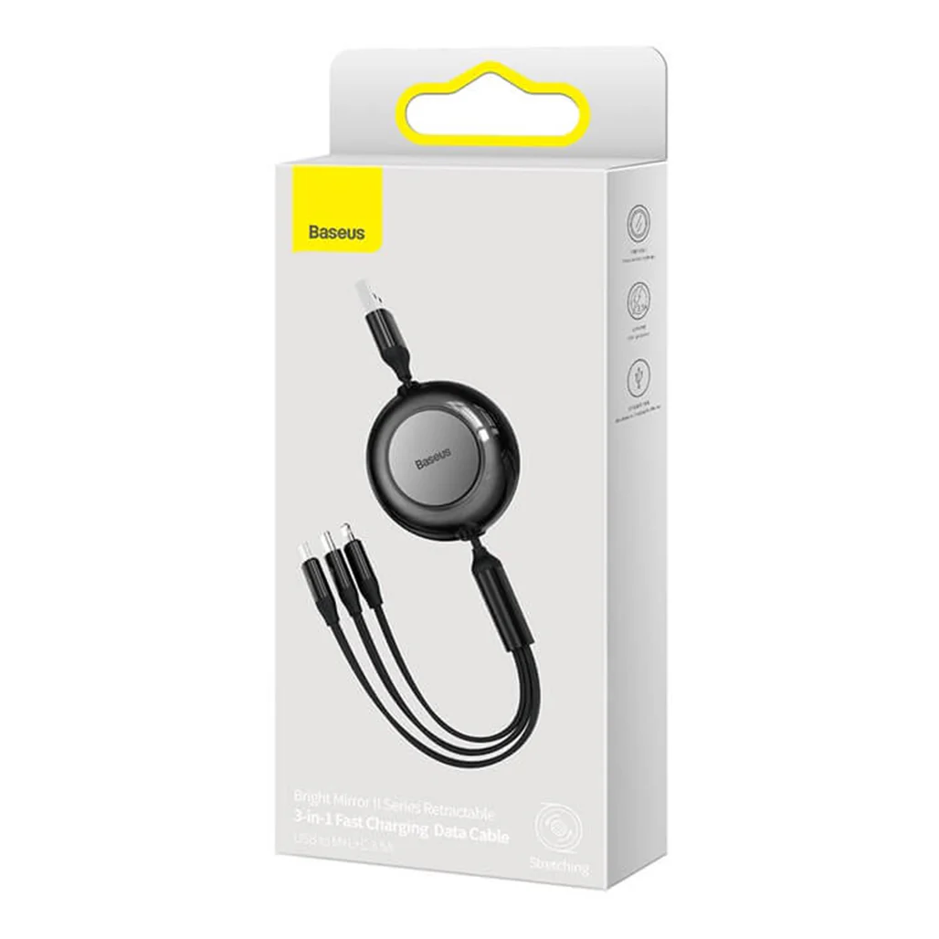 Baseus Bright Mirror 2 Series Retractable 3-in-1 Fast Charging Data Cable | USB-A to Type-C, Lightning, Micro USB | 3.5A | 1.1M - Black - Image 3