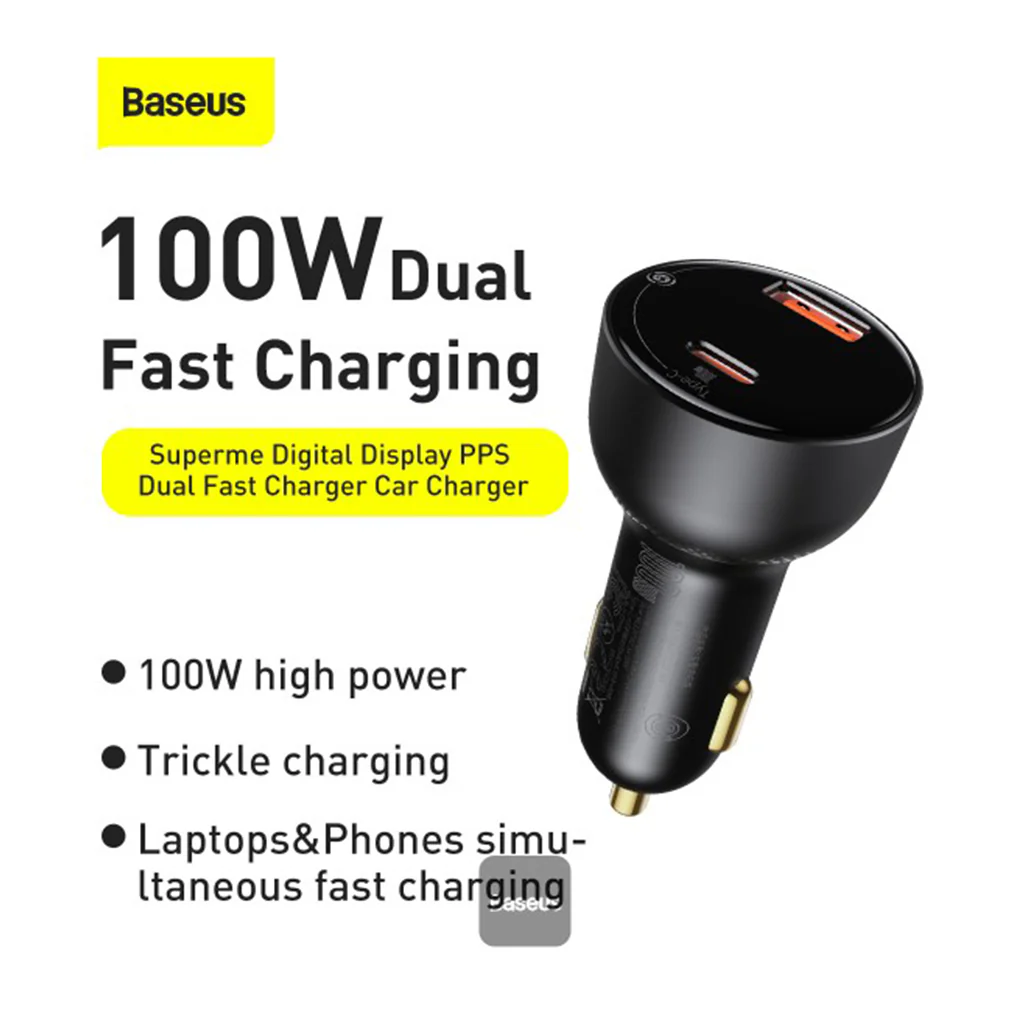 Baseus Superme PPS Dual Quick Car Charger with 1m USB-C to USB-C Cable – 100W Fast Charging with Digital Display - Image 3