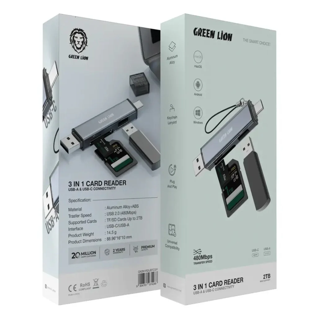 Green Lion 3 in 1 Card Reader with USB-A & USB-C Connectivity - Gray - Image 3