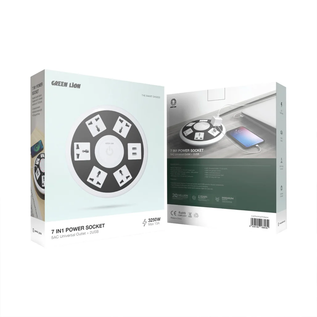 Green Lion 7-in-1 Power Socket with USB & Fast Charging – 2M Cable – White - Image 3