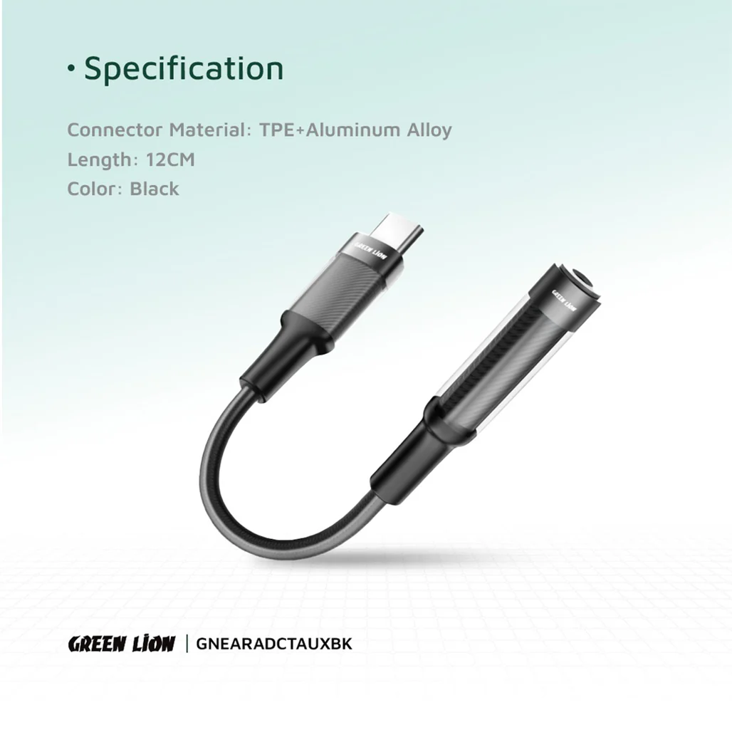 Green Lion Earphone Adapter USB-C to 3.5 Aux 12CM - Black - Image 6