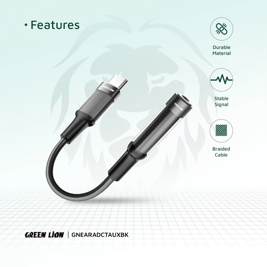 Green Lion Earphone Adapter USB-C to 3.5 Aux 12CM - Black - Image 7