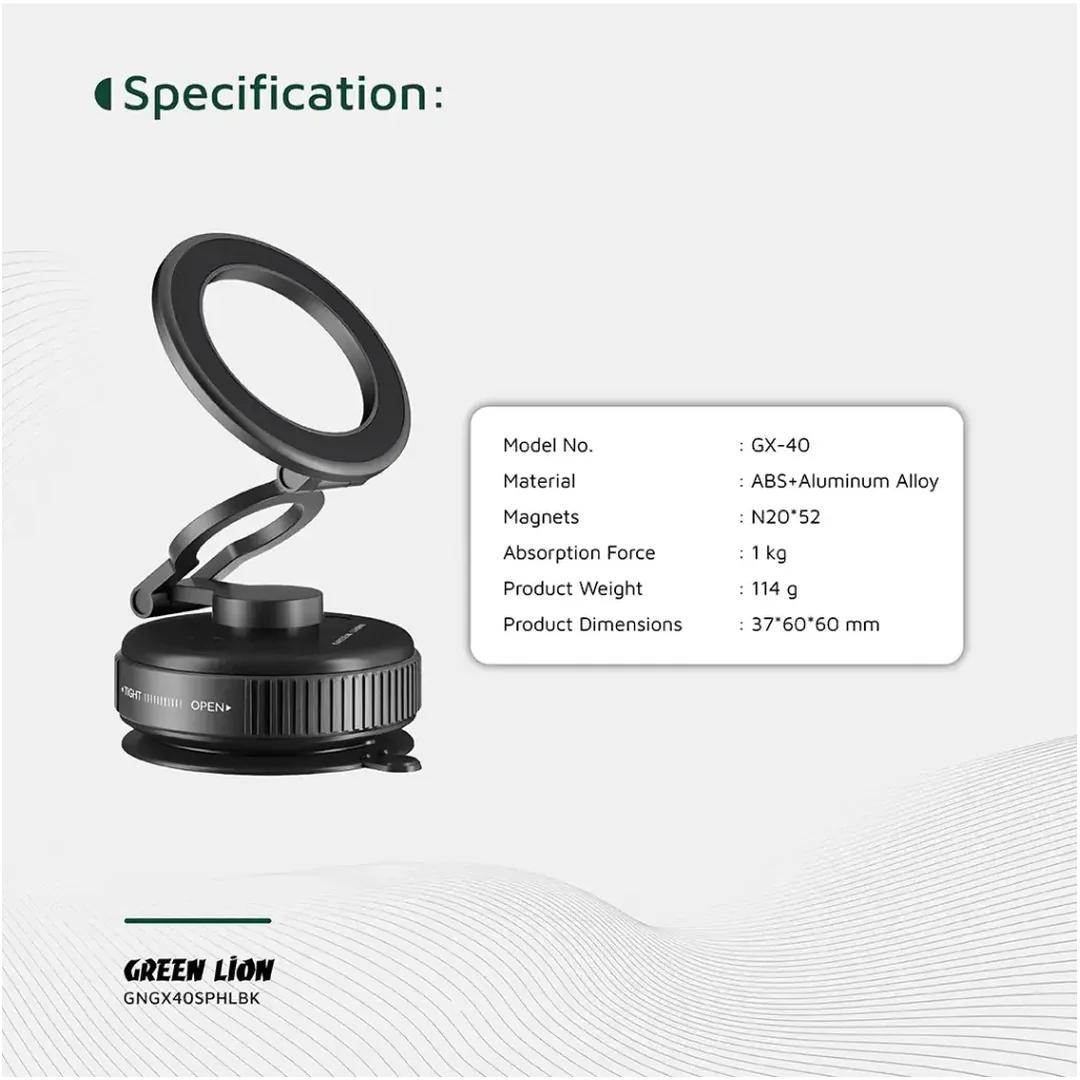 Green Lion GX-40 MagSafe Suction Phone Holder - Black - Image 2