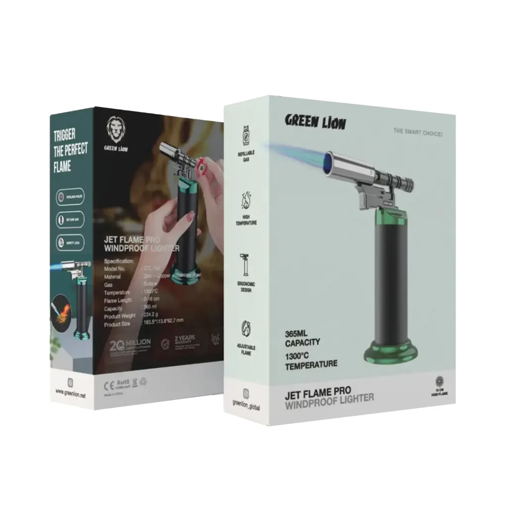 Green Lion Jet Flame Pro Windproof Refillable Lighter – High-Temperature Butane Torch with Adjustable Flame – Black - Image 2