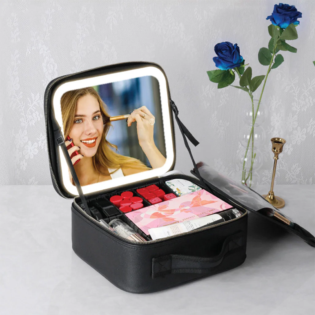 Green Lion Makeup Organizer - Portable Beauty Storage with 4K Mirror & LED Lights - Black - Image 3