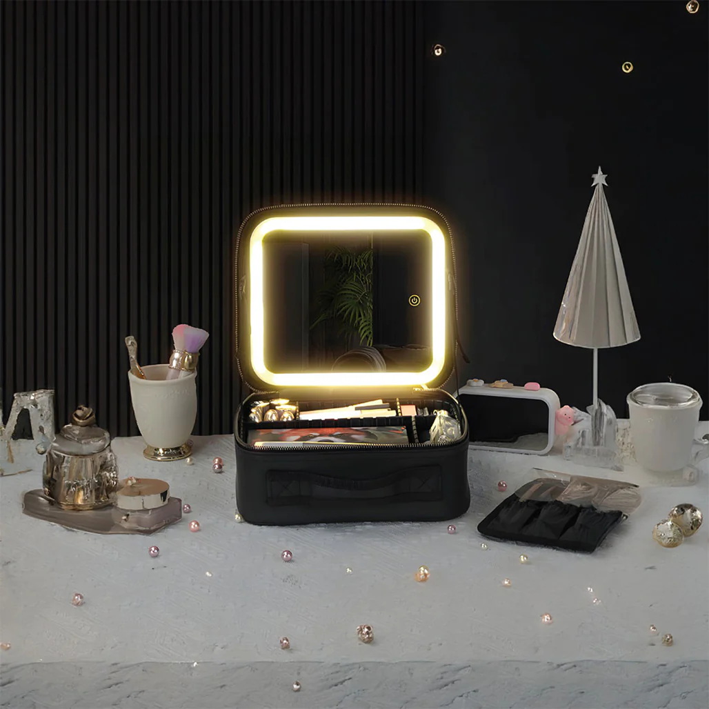 Green Lion Makeup Organizer - Portable Beauty Storage with 4K Mirror & LED Lights - Black - Image 4