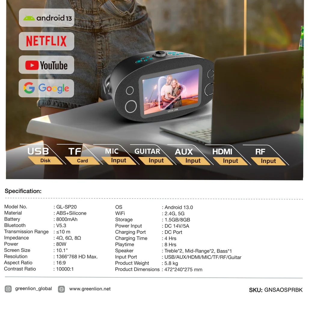 Green Lion SÃO PAULO 10.1" Android Speaker Display – 80W Portable Smart Multimedia Hub with HDMI, Bluetooth 5.3 & 8000mAh Battery - Image 3