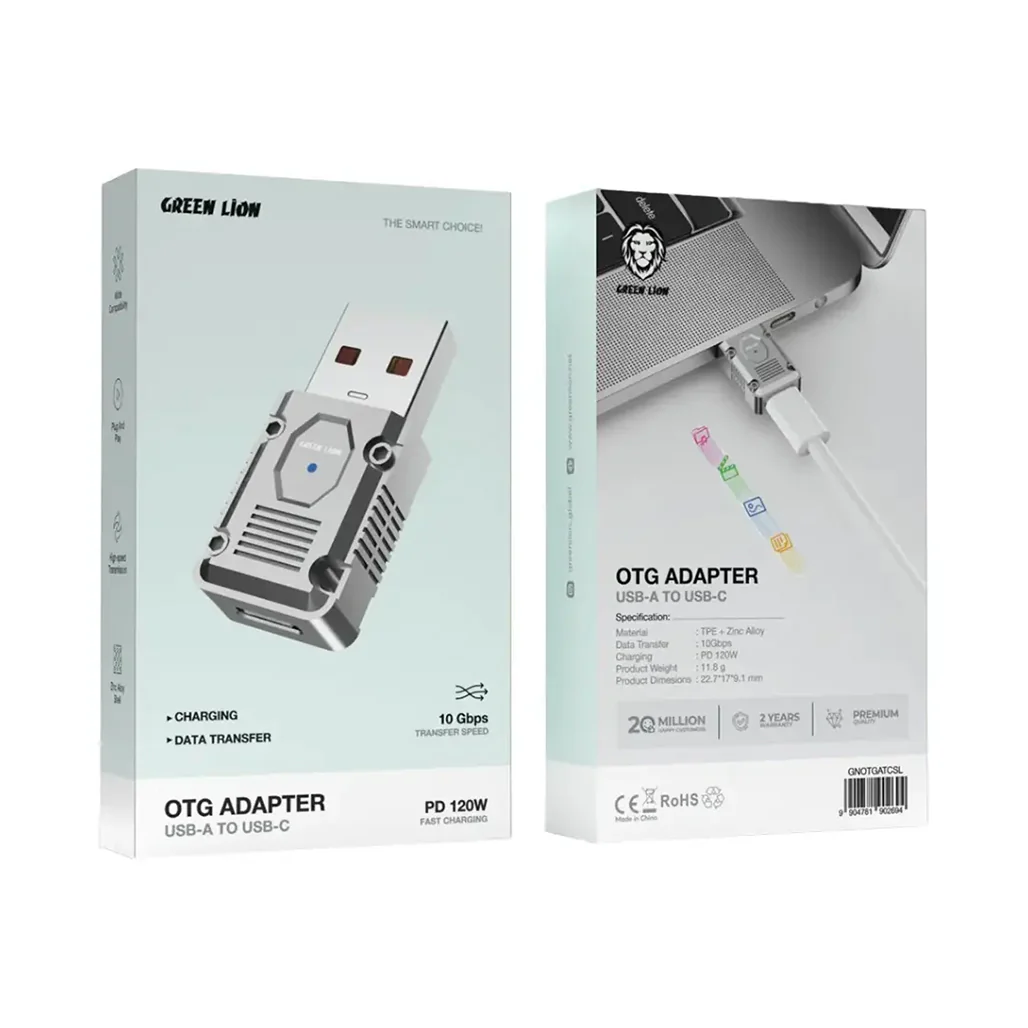 Green Lion USB-A to USB-C OTG Adapter 120W Fast Charging & 10Gbps Data Transfer – Silver - Image 2