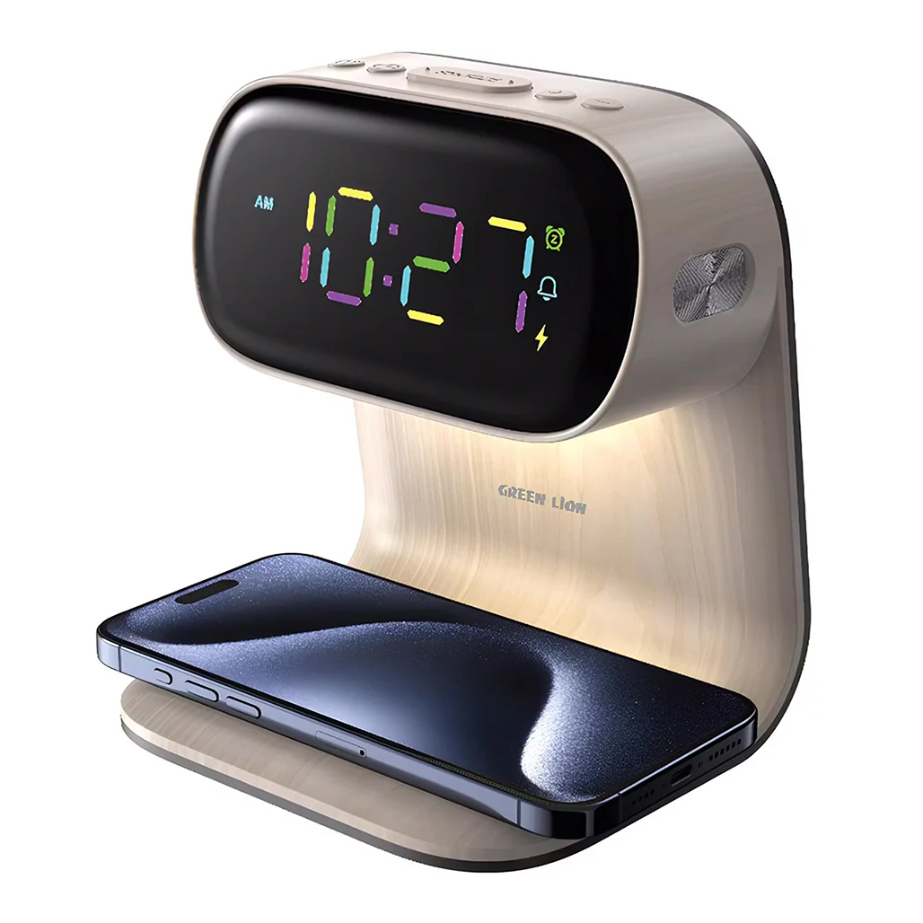 Green Lion Wooden Bedside Clock with 15W Fast Wireless Charging, Touch Control, Night Light & Alarm