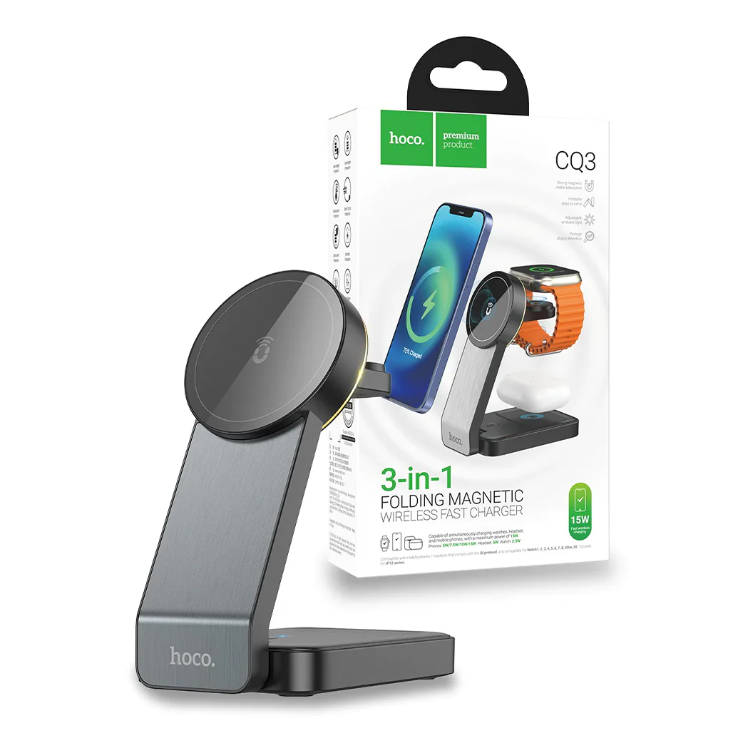 Hoco CQ3 15W Motorcycle Folding 3in1 Magnetic Fast Wireless Charger for Apple