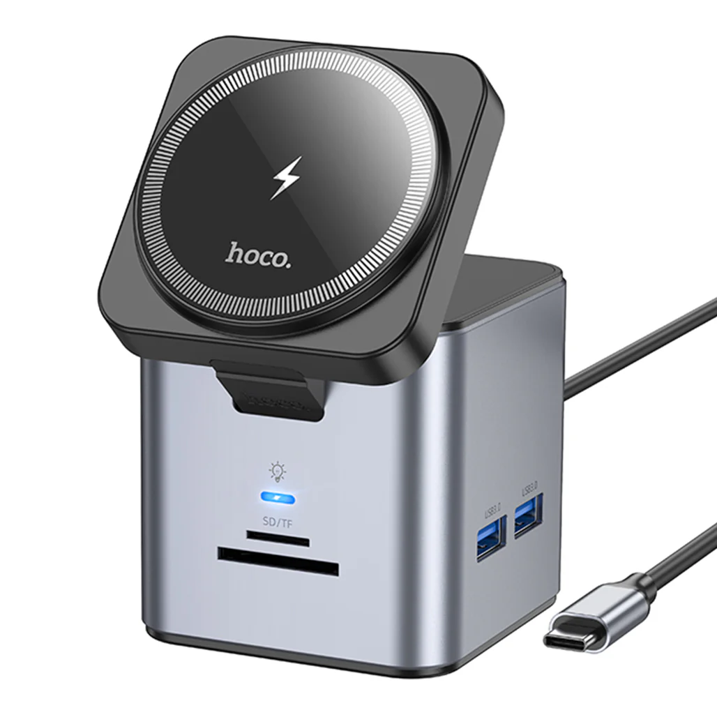 Hoco HB49 - 9in1 Magnetic Wireless Fast Charging Station – PD100W Type-C to HDMI, PD, USB3.0, SD, TF, RJ45, and Wireless Charging - Metal Gray - Image 2