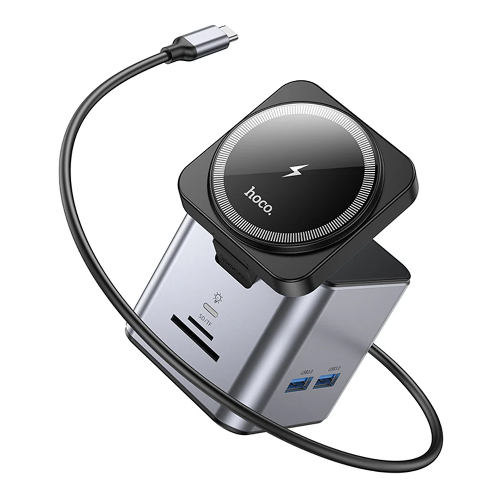 Hoco HB49 - 9in1 Magnetic Wireless Fast Charging Station – PD100W Type-C to HDMI, PD, USB3.0, SD, TF, RJ45, and Wireless Charging - Metal Gray - Image 3