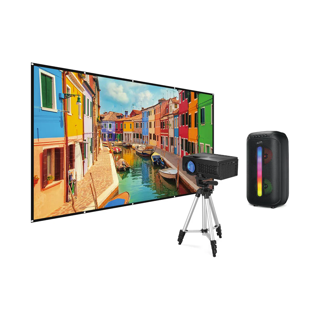 Home Theater Projector Kit with Tripod and Bluetooth Speaker – 120” Screen, HD Resolution, and Full-Spectrum Sound