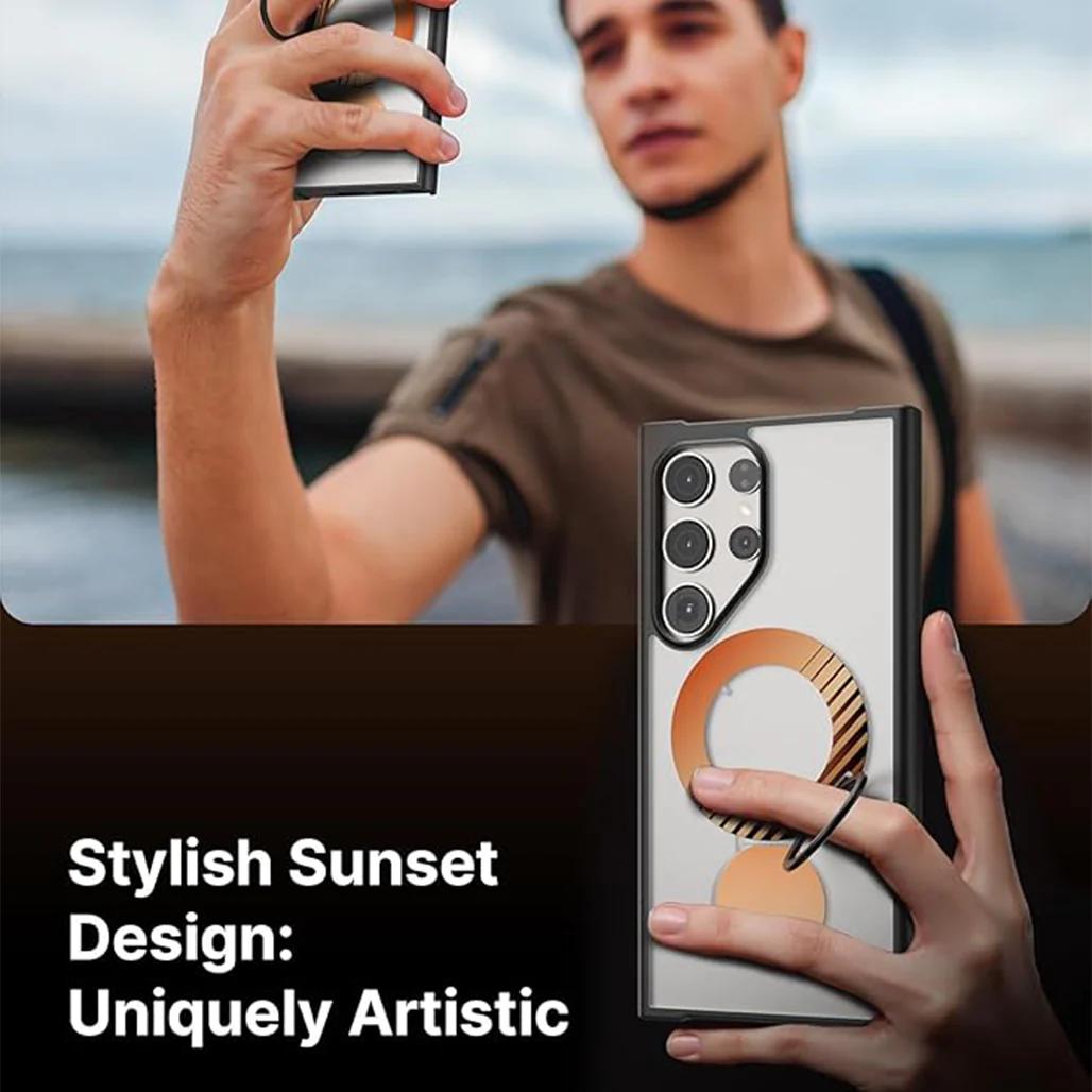 JSAUX RingLax Case for Galaxy S24 Ultra - Magnetic Protective Cover with 360° Rotating Ring, Kickstand, and Sunset-Inspired Design - Black - Image 2