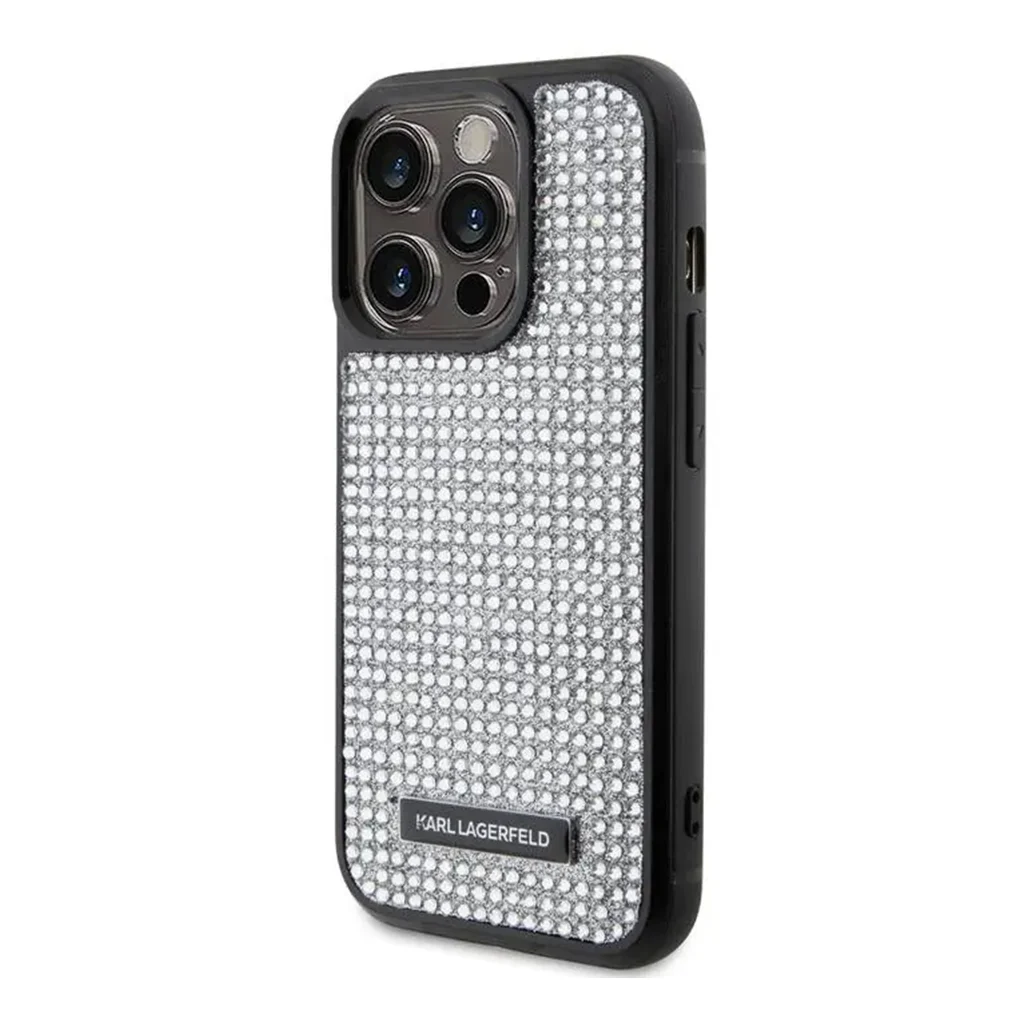 Karl Lagerfeld - Rhinestone with Logo Metal Plate Case for iPhone 15 Pro - Silver - Image 3