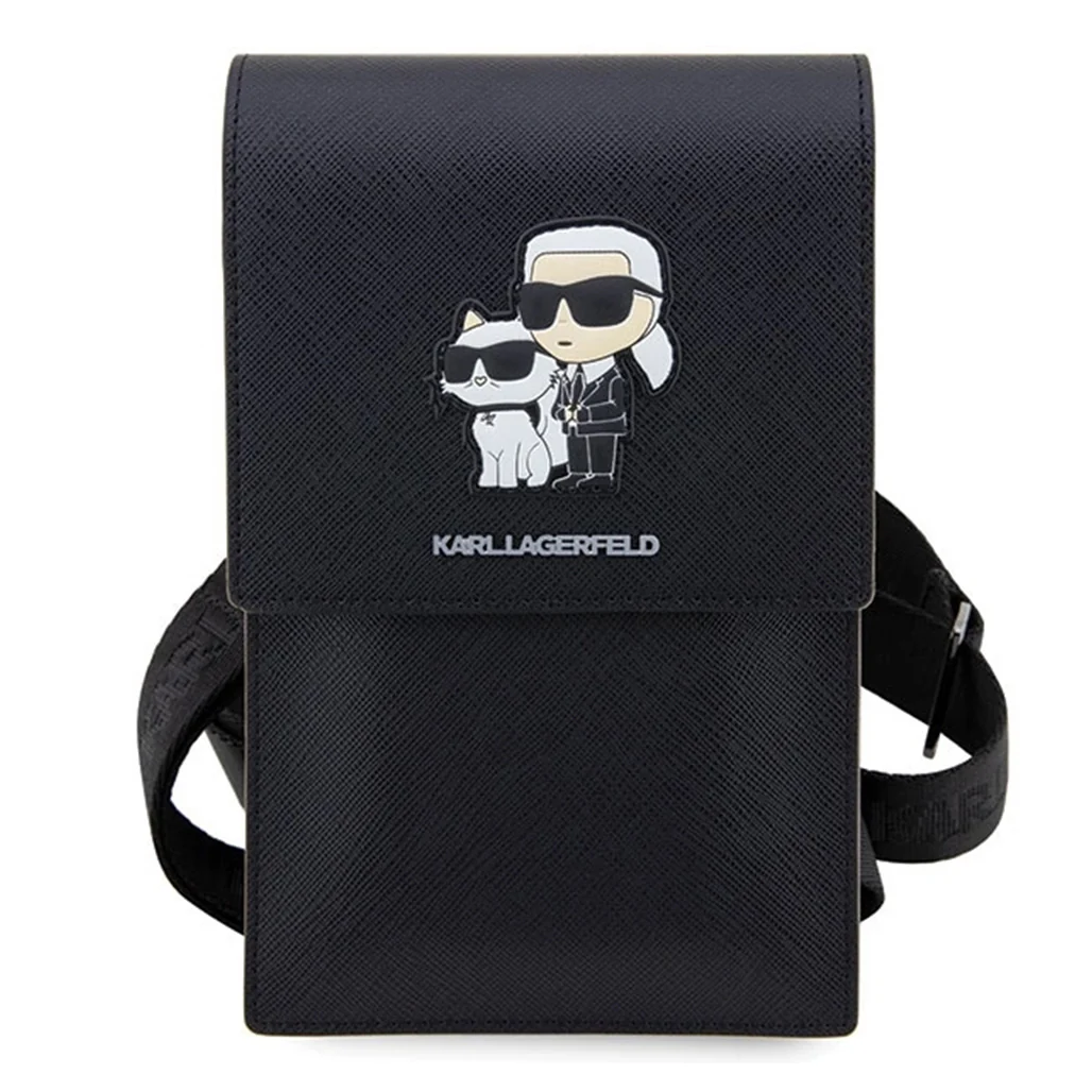 Karl Lagerfeld Saffiano Karl&Choupette Universal Phone Pouch with Strap – Designer Bag with Card Slots for Everyday Use