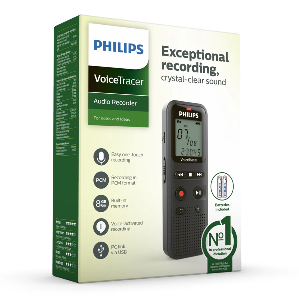 Philips VoiceTracer DVT1160 Digital Voice Recorder - 8GB, Voice-Activated Recording, One-Touch Operation - Image 4