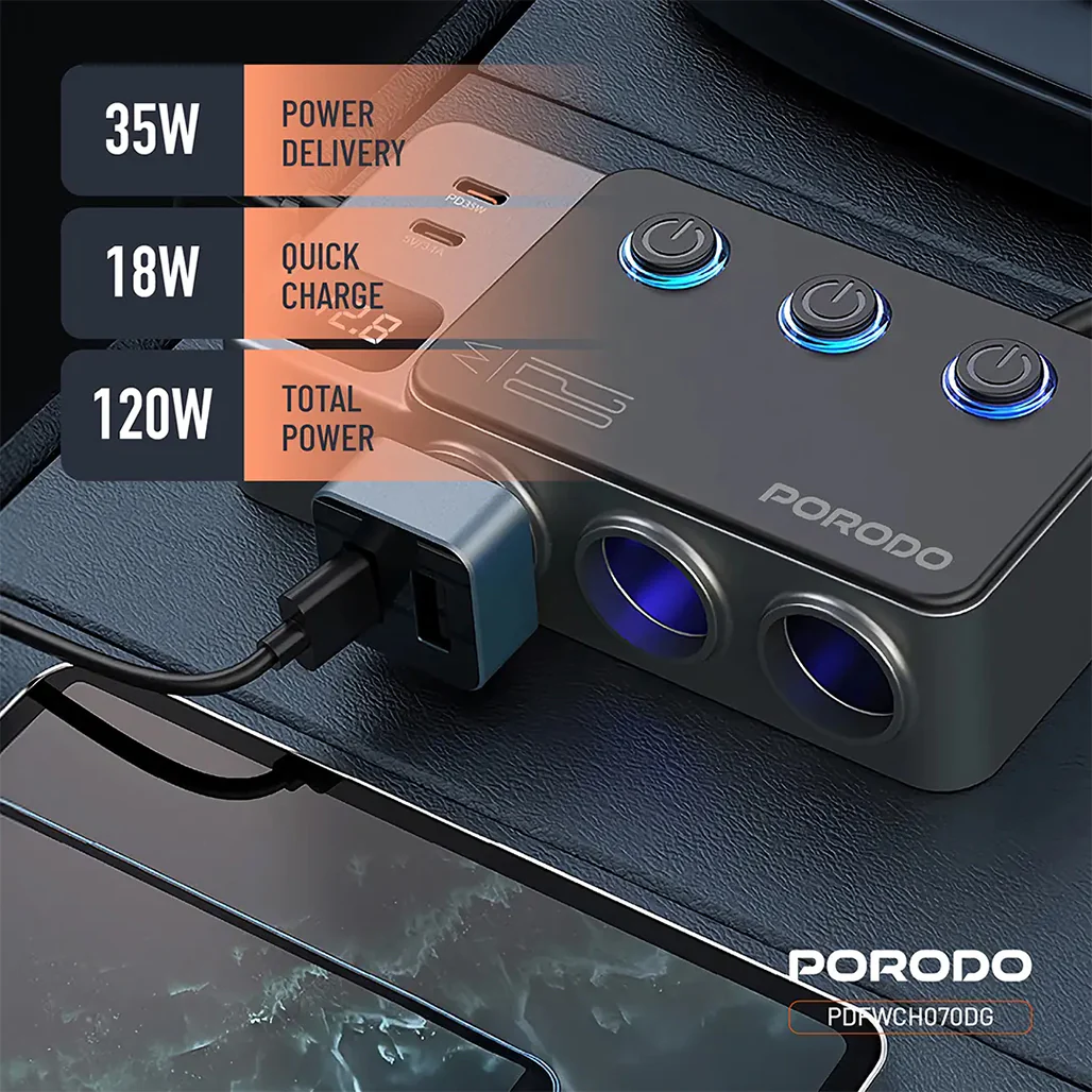 Porodo 120W Car Charger Hub Triple-Port Lighter Socket - Dark Gray - Image 11
