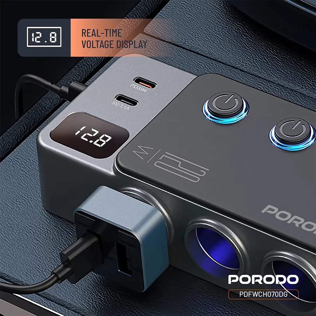 Porodo 120W Car Charger Hub Triple-Port Lighter Socket - Dark Gray - Image 8
