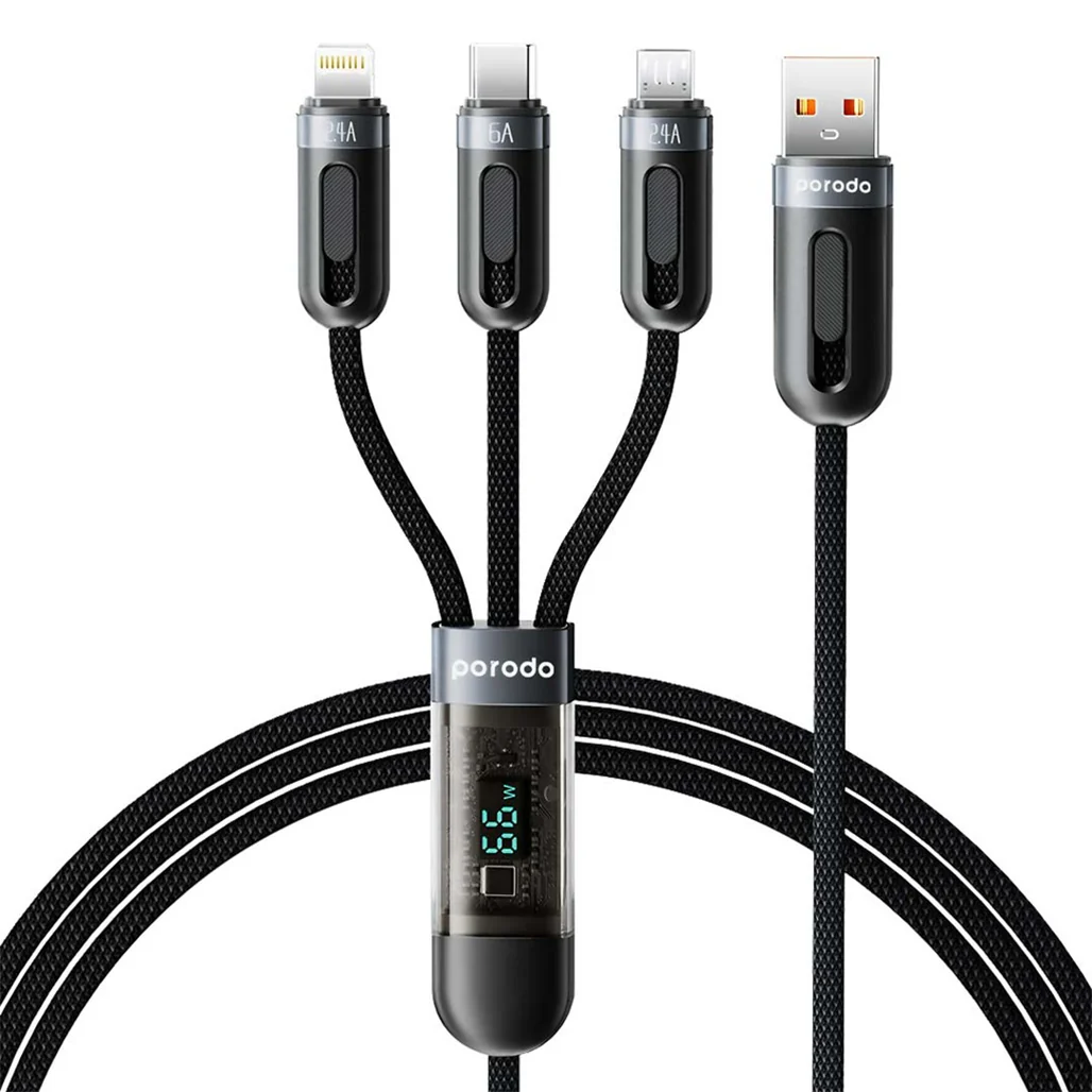 Porodo 3-IN-1 Digital-Display Fast Charging 1.2M Cable A to C+L+M - Black