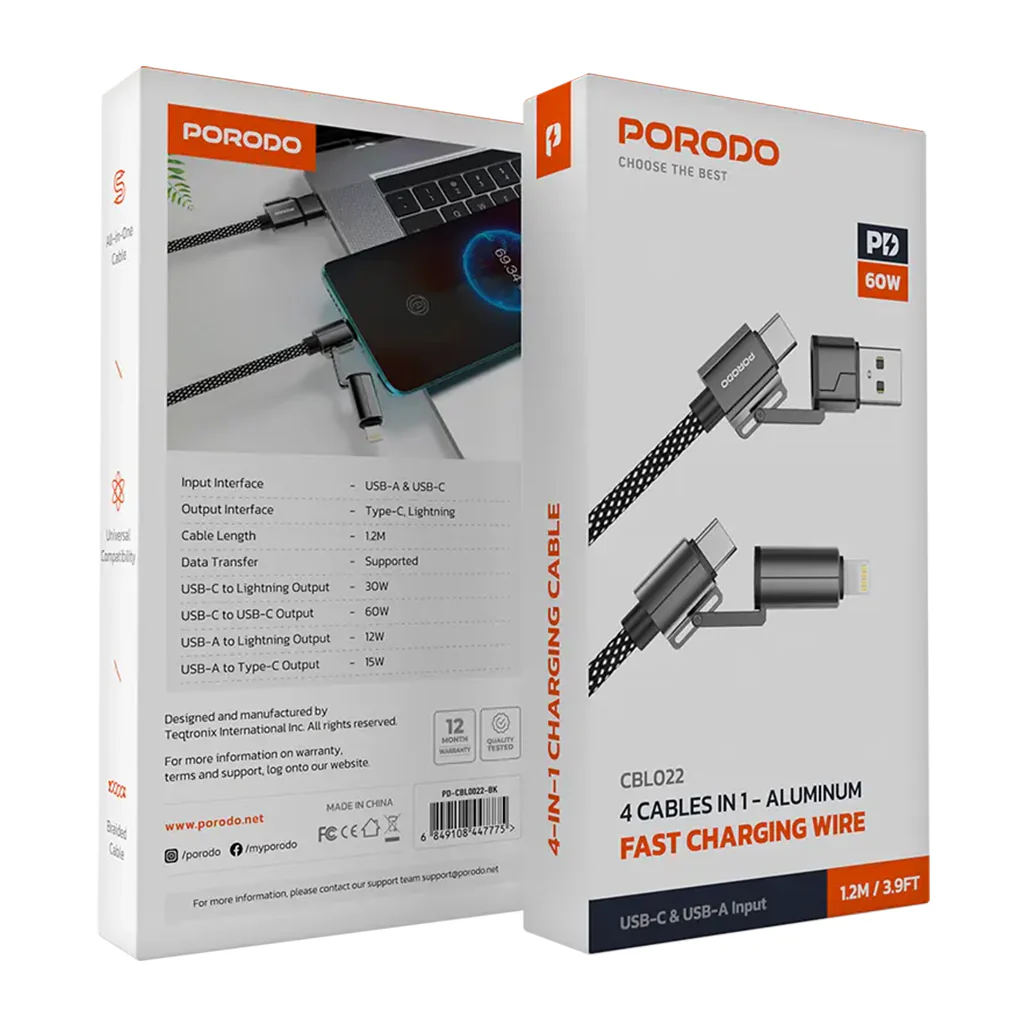 Porodo 4-in-1 Aluminum Fast Charging Cable | USB-C & USB-A to Type-C & Lightning - Black - Image 2
