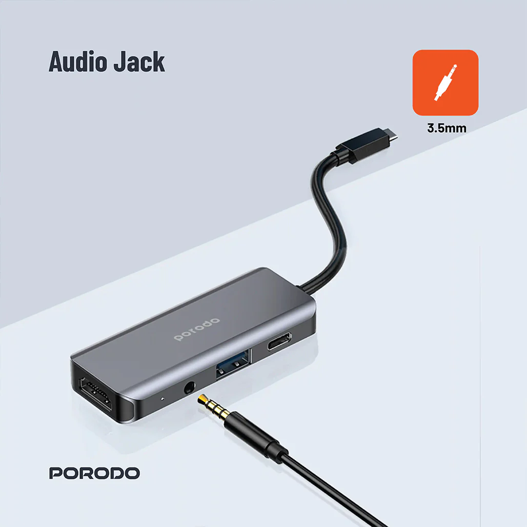 Porodo 4-in-1 USB-C Hub with 100W PD, 4K HDMI, USB 3.0 & 3.5mm Aux – Grey - Image 5