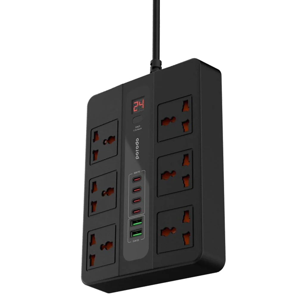 Porodo 6 AC 2 USB-A 24W & 4 USB-C PD 36W Multi-Port Super Hub 3M 3000W UK - Black - Image 2
