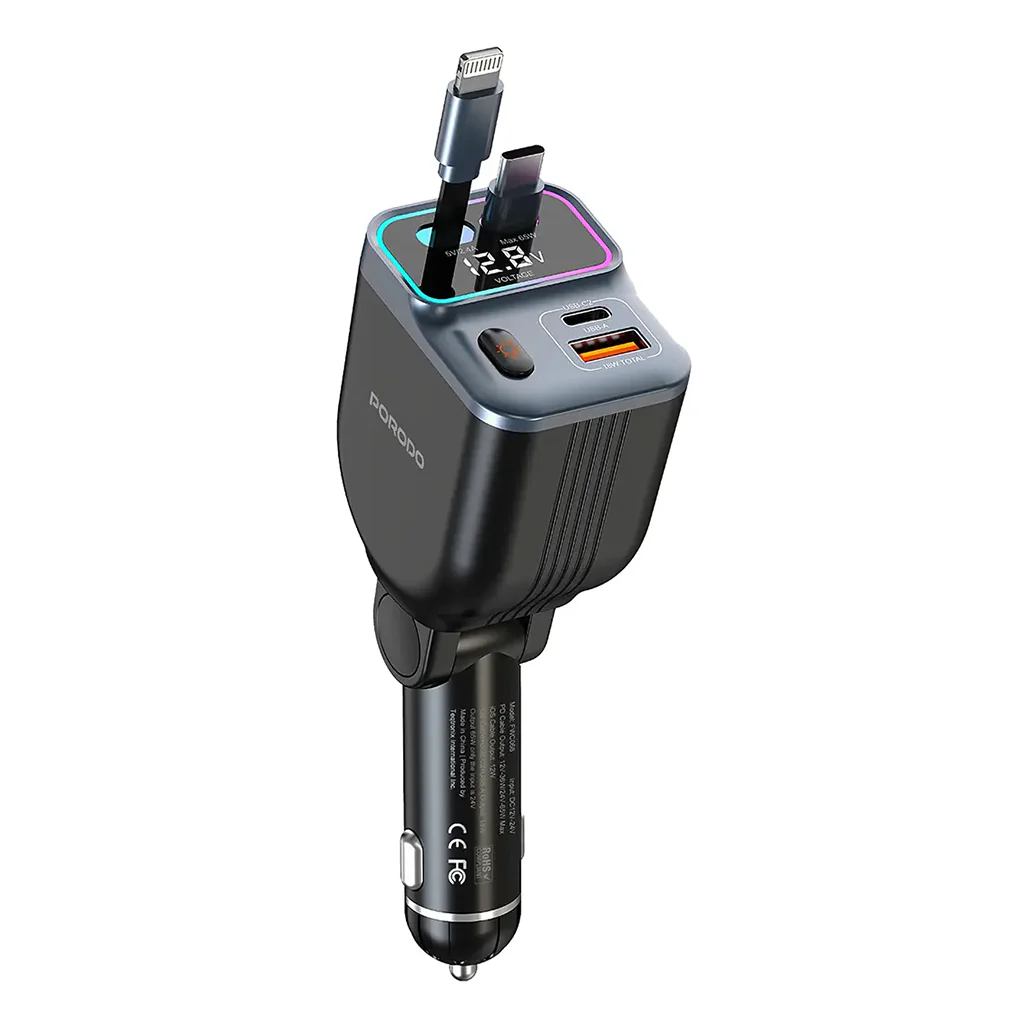 Porodo 65W Car Charger Dual Retractable Cable - Black - Image 2