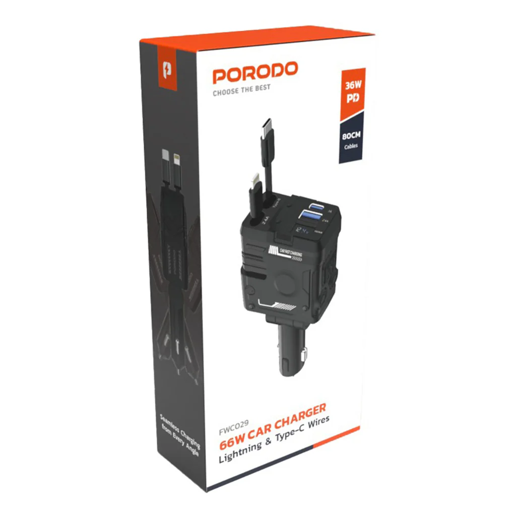 Porodo 66W Car Charger with Lightning & Type-C Cables – Black - Image 5