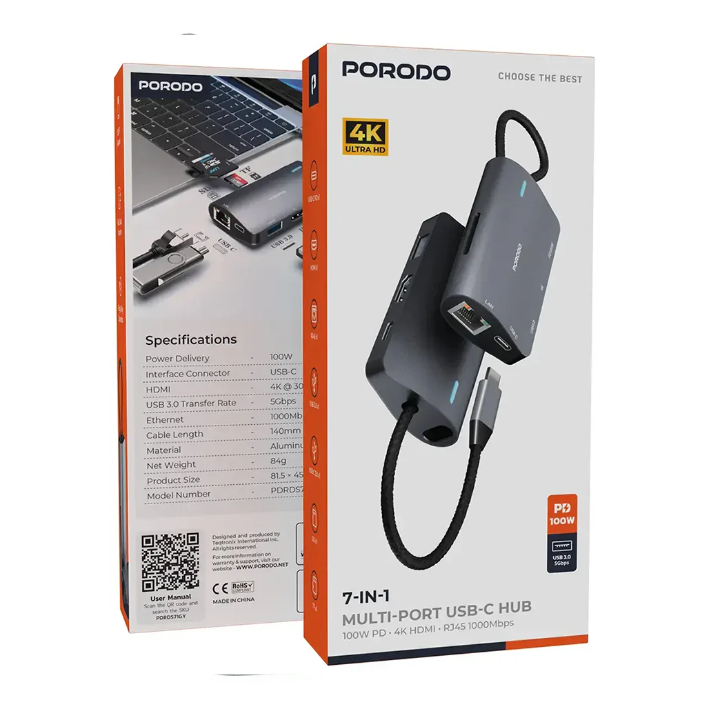 Porodo 7-IN-1 Multi Port USB-C Hub - PDRDS71GY - Image 3