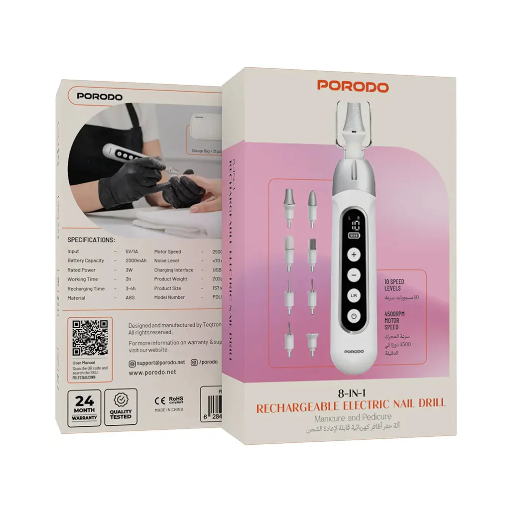 Porodo 8-In-1 Rechargeable Electric Nail Drill with Manicure and Pedicure - Image 5