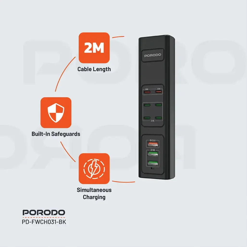 Porodo 85W Multi-Port USB Charging Hub - Fast Charging with 9 Ports, UK Plug, and 2M Cable - Image 7