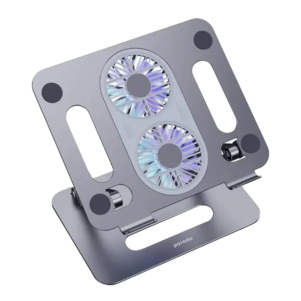 Porodo Aluminum Alloy Adjustable Laptop Stand with Dual Cooling Fans - Grey, Foldable Design for 14" to 17.3" Devices - Image 2