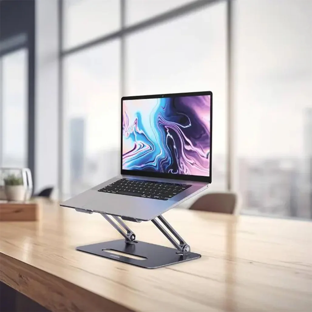 Porodo Aluminum Alloy Adjustable Laptop Stand with Dual Cooling Fans - Grey, Foldable Design for 14" to 17.3" Devices - Image 3