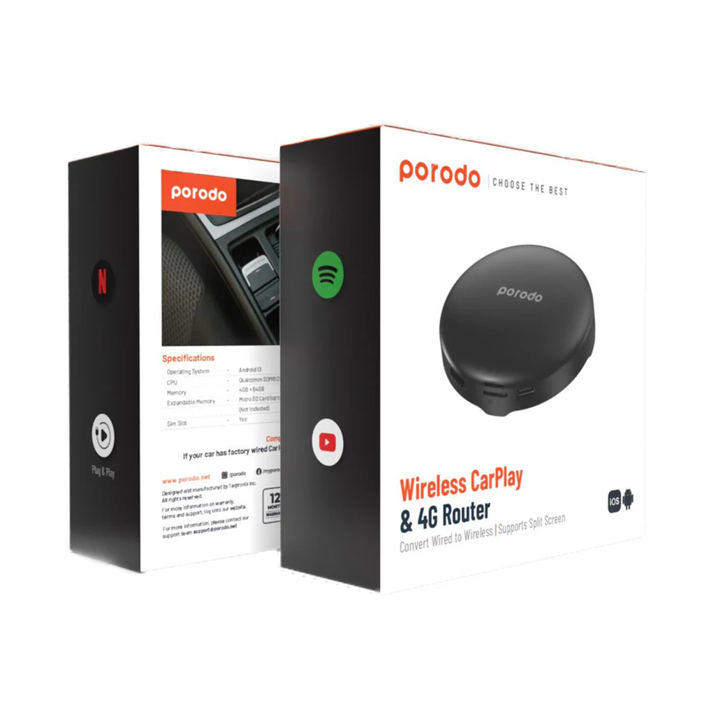 Porodo Android 13 Carplay Box - 4+64GB - 128GB Storage - Black - Image 2
